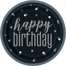 Teller Happy Birthday aus Pappe, schwarz-grau gepunktet, Gre: ca. 23 cm, 8 Stck