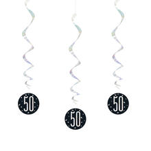 Girlande spiralförmig / Deckenhänger 50. Geburtstag, schwarz-silber, glitzernd, Länge: ca. 80 cm, 6 Stück