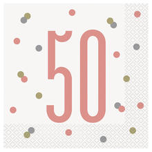 Servietten 50. Geburtstag, weiß-rosegold, Größe: ca. 33 x 33 cm, 16 Stück