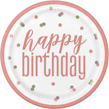 Teller Happy Birthday aus Pappe, wei-rosegold, Gre: ca. 23 cm, 8 Stck
