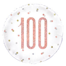 Folienballon 100. Geburtstag, weiß-rosa, glitzernd, Größe: ca. 45 cm