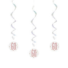 Girlande spiralförmig / Deckenhänger 60. Geburtstag, weiß & rosa, glitzernd, Länge: ca. 80 cm, 6 Stück