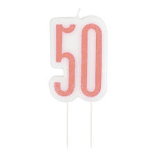 Kerze zum Einstecken in Kuchen & Co., 50. Geburtstag, weiß & rosa, glitzernd, Höhe: ca. 7 cm