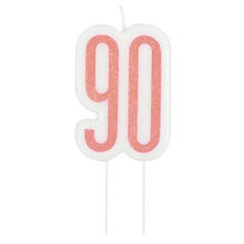 Kerze zum Einstecken in Kuchen & Co., 90. Geburtstag, weiß & rosa, glitzernd, Höhe: ca. 7 cm