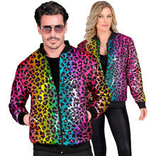 NEU Herren-Kostm Disco-Bomberjacke mit Pailletten, Regenbogen-Leopard, Gre S-M