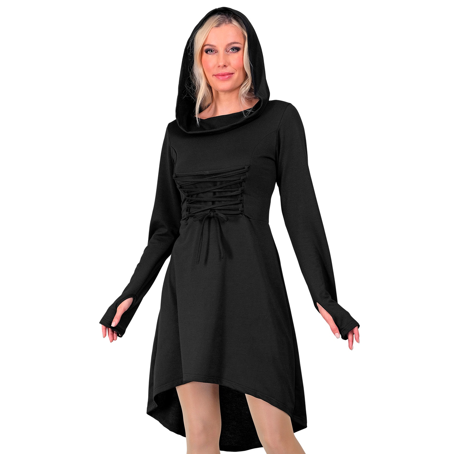 NEU Damen-Kostm Kapuzenkleid, schwarz, mit Schnroptik, Gr. S