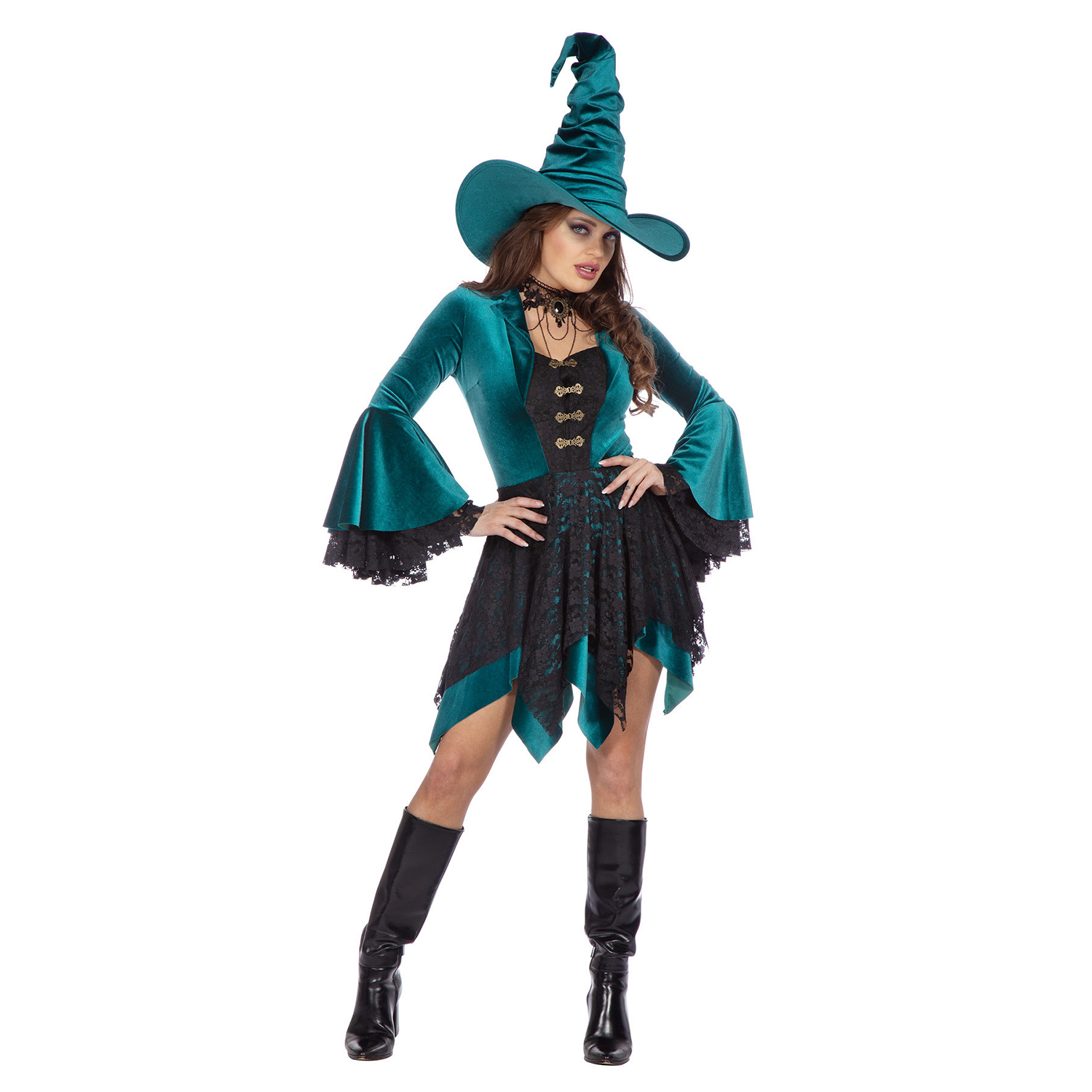 NEU Damen-Kostm Hexenkleid kurz mit schwarzer Spitze, trkis, Gr. 36