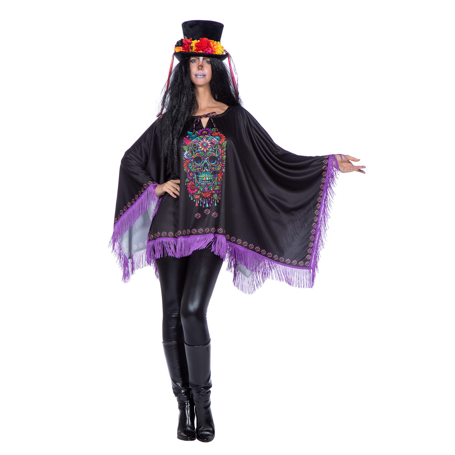 NEU Damen-Kostm Poncho Day of the Dead mit Fransen, Einheitsgre