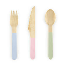 Holz-Besteck Gabel / Messer / L�ffel - Farbig sortiert, 16 cm, 18 St�ck