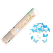 Konfettikanone mit Hello-Baby-Schmetterlingen, 20 cm, blau
