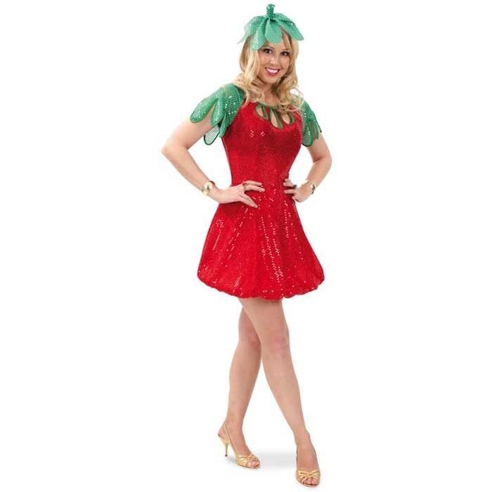 Damen-Kostüm Erdbeere Kleid mit Hut freches Früchtchen Erdbeerkostüm 